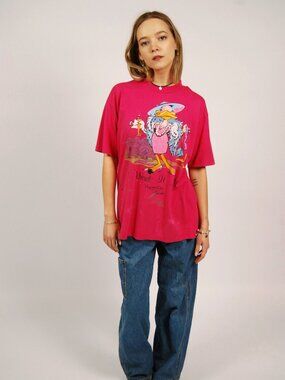 80s Funny T-Shirt (L) large pink vintage I Want It All distressed single stitch